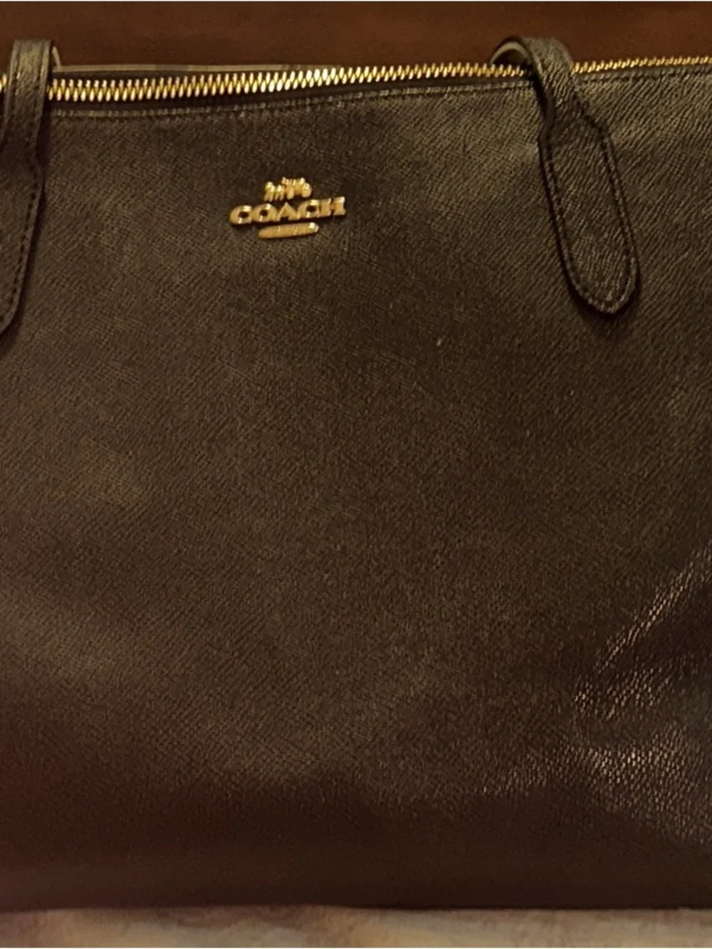 Coach Black Leather Tote with Gold Logo and Zip